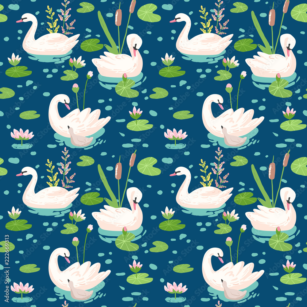 Fototapeta premium Beautiful Seamless Pattern with white Swans and Water Lillies, use for Baby Background, Textile Prints, Covers, Wallpaper, Posters. Vector Illustration