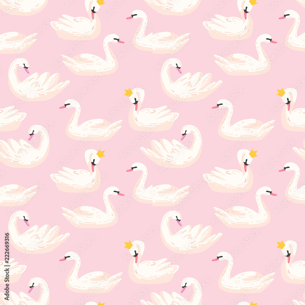 Beautiful Seamless Pattern with white Swans in crowns, use for Baby Background, Textile Prints, Covers, Wallpaper, Posters. Vector Illustration Beautiful Seamless Pattern with white Swans in crowns, use for Baby Background, Textile Prints, Covers, Wallpaper, Posters. Vector Illustration