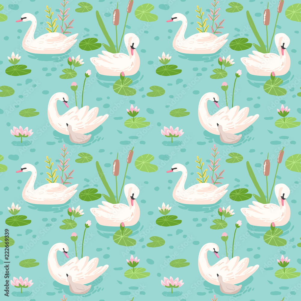 Obraz premium Beautiful Seamless Pattern with white Swans, use for Baby Background, Textile Prints, Covers, Wallpaper, Posters. Vector Illustration