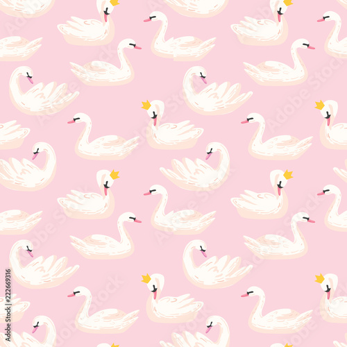 Beautiful Seamless Pattern with white Swans in crowns, use for Baby Background, Textile Prints, Covers, Wallpaper, Posters. Vector Illustration