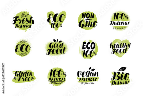 Natural, organic logo or label. Eco set badges. Lettering vector