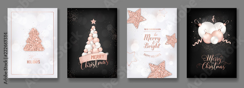 vector collection of elegant merry christmas cards with shining rose gold glitter christmas balls star christmas tree flyer and new year brochure 2019