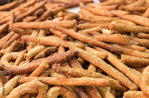Fresh small sesame bread sticks sold at local city farmers market