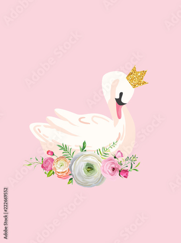Fototapeta Naklejka Na Ścianę i Meble -  Illustration of Beautiful Swan with place for Baby Name for Poster Print, Baby Greetings, Invitation, Children Store Flyer, Brochure, Book Cover in vector