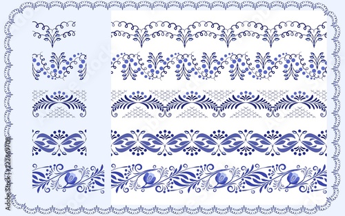 Seamless borders set of ethnic classical floral mural. Blue ribbon ornament isolated on white.