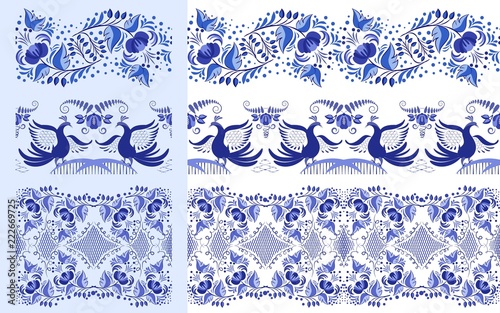 Set of blue ethnic patterns in the style of national porcelain painting. Ornaments with flowers and birds isolated on white