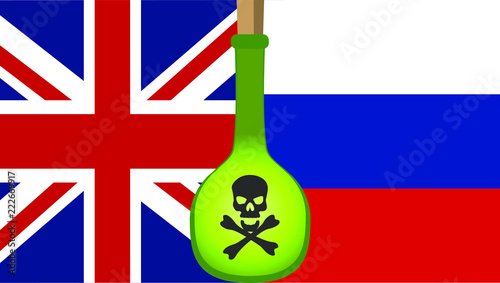 British and Russian flags. In the middle of the picture is a bottle of poison.  Political scandal of two countries on the topic of poisoning.