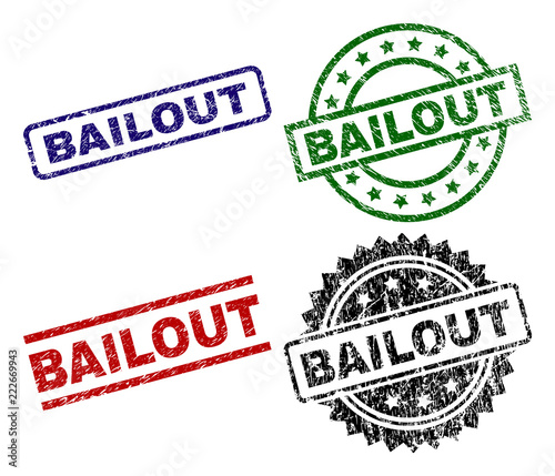 BAILOUT seal prints with distress texture. Black, green,red,blue vector rubber prints of BAILOUT text with retro style. Rubber seals with circle, rectangle, rosette shapes.