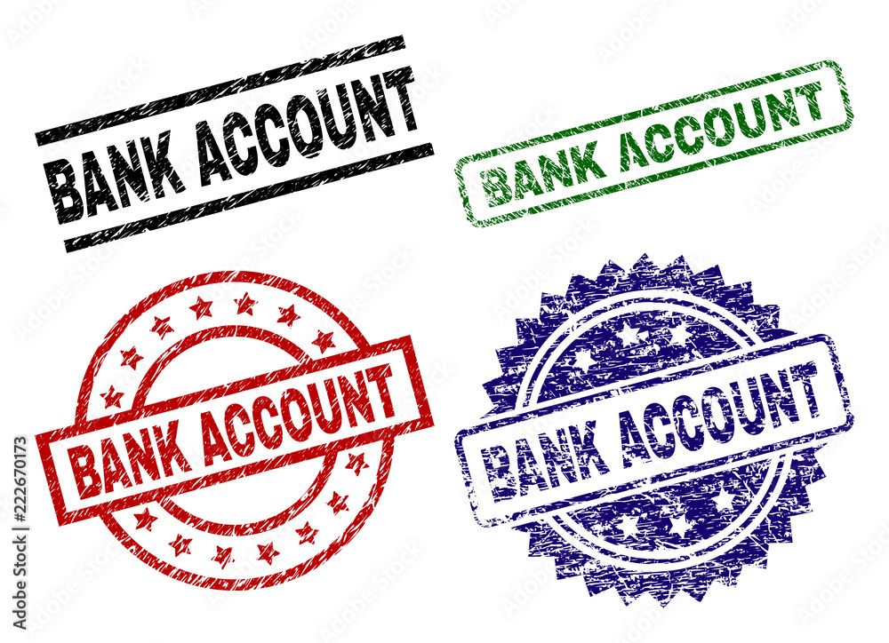 BANK ACCOUNT seal prints with distress texture. Black, green,red,blue vector rubber prints of BANK ACCOUNT caption with unclean texture. Rubber seals with round, rectangle, medal shapes.