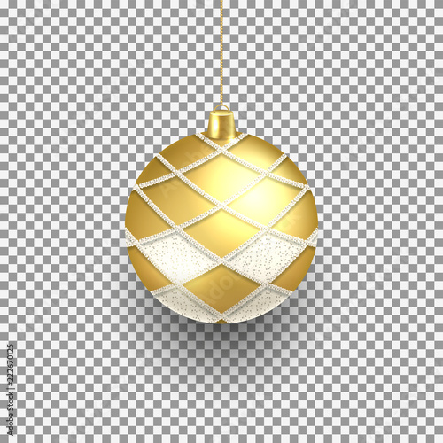 Realistic Christmas ball isolated on transparent background. Holiday festive golden toy with silver pattern. Vector illustration.