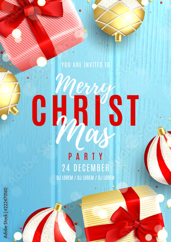 Merry Christmas party invitation poster. Elegant background with top view on realistic gift boxes and Christmas balls on wooden texture. Vector illustration with effect bokeh. Invite to nightclub.