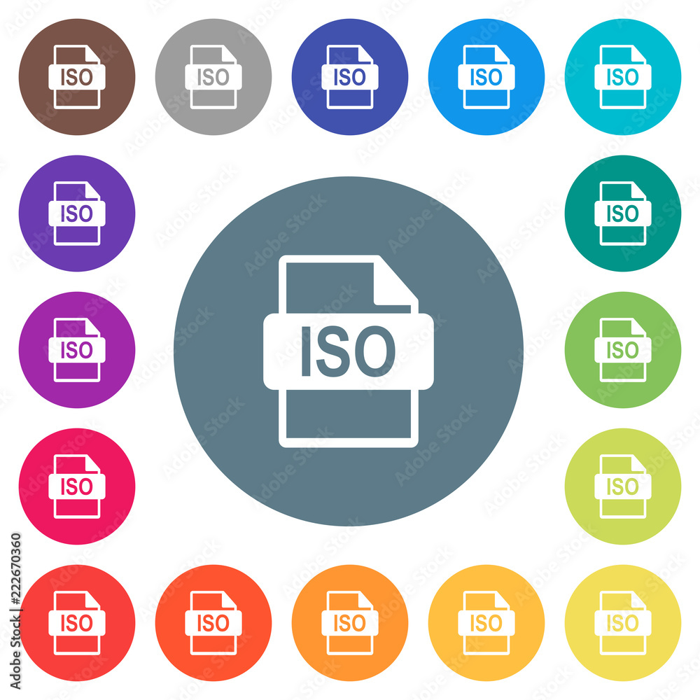 ISO file format flat white icons on round color backgrounds ISO file format flat white icons on round color backgrounds