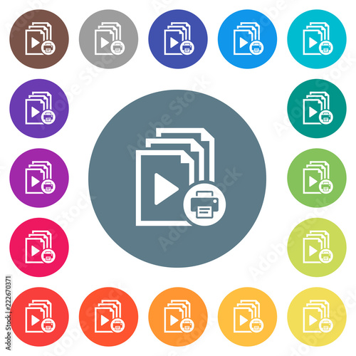 Print playlist flat white icons on round color backgrounds