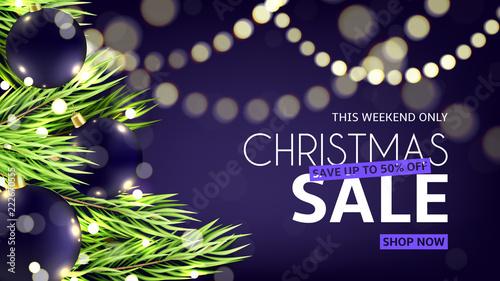 Christmas sale web banner. Vector illustration with glittering garland. Promo festive background with glowing light bulbs and effect.