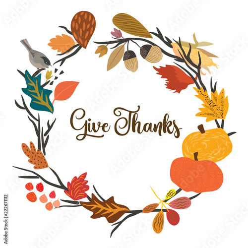 Vector style design of a bouquet of flowers with a message Give Thanks for a happy thanksgiving occasion