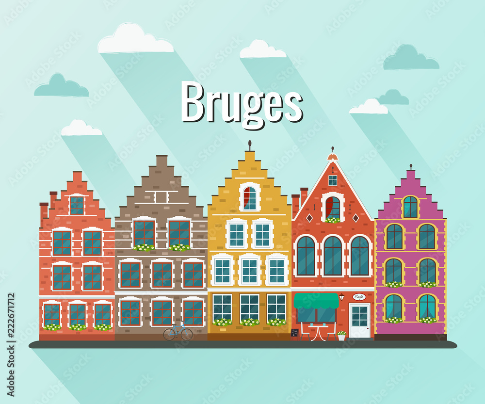 Vector illustration of Bruges. Old european city.
