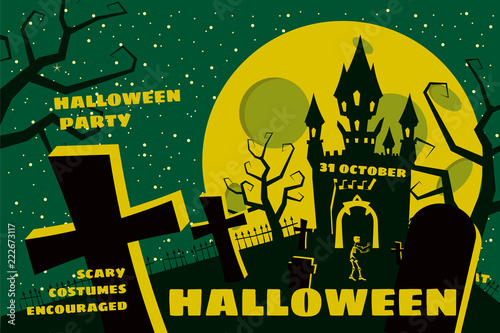 Halloween background with semetery and sceleton, haunted castle, house and full moon. Poster, flyer or invitation template for Halloween party. Retro, vector illustration.