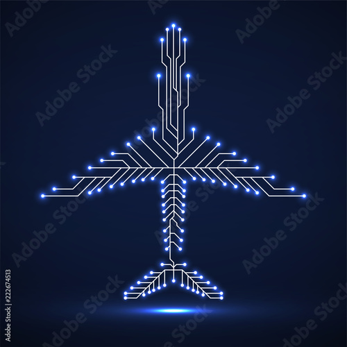 Abstract neon airplane with circuit board, plane logo