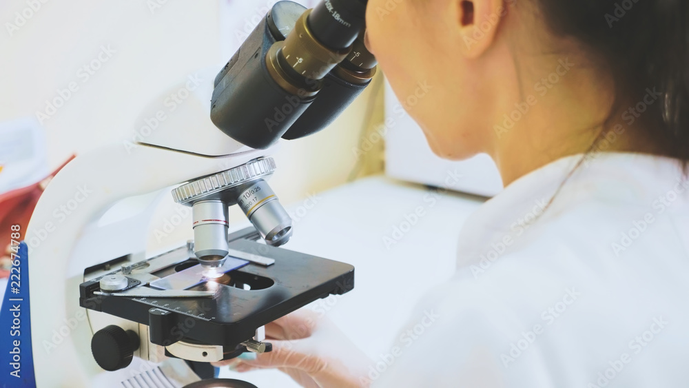 Veterinary worker using microscope for testing blood samples of animals Veterinary worker using microscope for testing blood samples of animals
