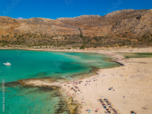 A unique beach in the protected area of Balos Beach. Aerial view from drone. Crete. Greece.