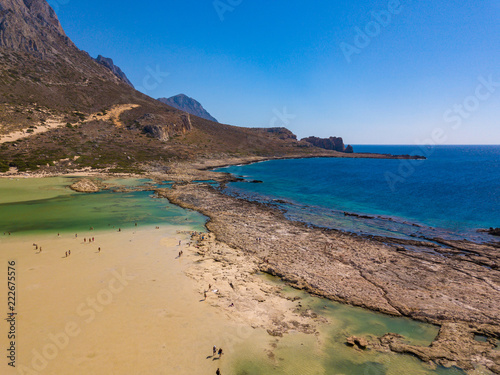 A unique beach in the protected area of Balos Beach. Aerial view from drone. Crete. Greece.