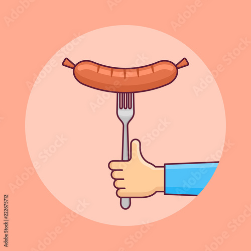 Sausage on fork in hand flat line icon. Vector illustration.
