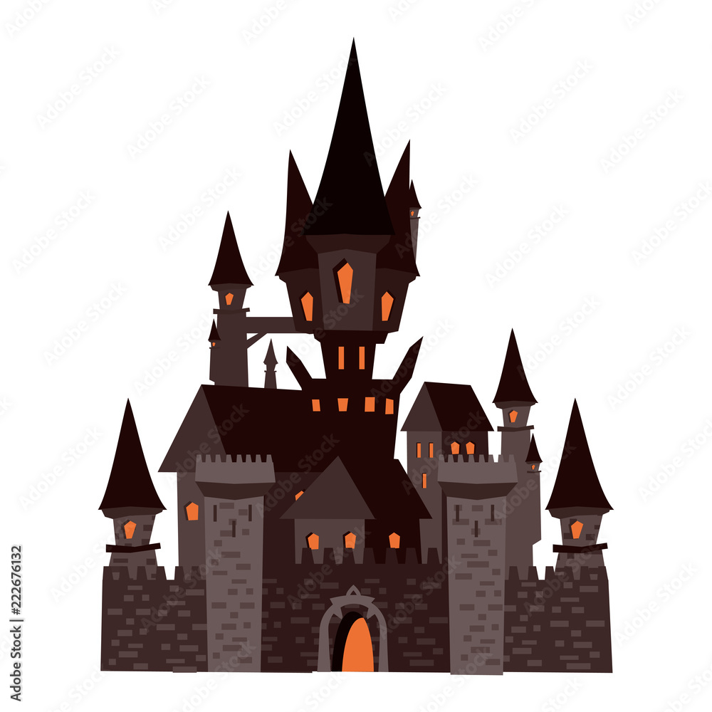 Black Castle abandoned, holiday Halloween, character, attribute, icon, vector, illustration, isolated, cartoon styyle