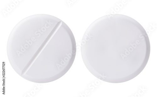 Medicine round white cure pills, aspirin, antibiotics, vitamin and painkiller drugs.