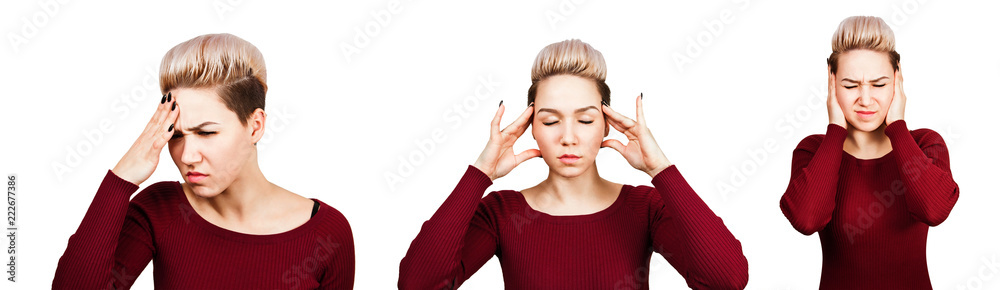 Set of young beautiful girl with headache isolated on a white background. Set of young beautiful girl with headache isolated on a white background.