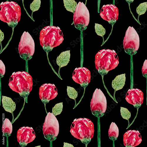 Watercolor seamless pattern of flowers and buds of roses on stems with leaves, on black background