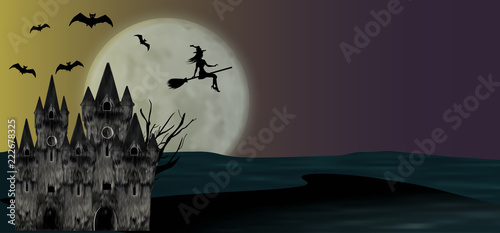 Halloween background with castle, flying young witch, bats and full moon. Vector illustration.