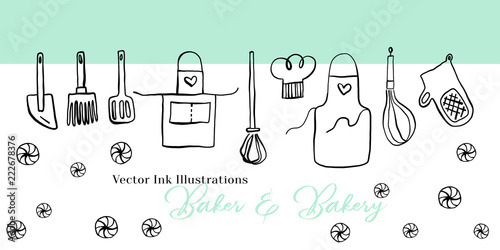 Bakery badge cafe with black ink line art vector icon for sweet shop sign and cafe app.