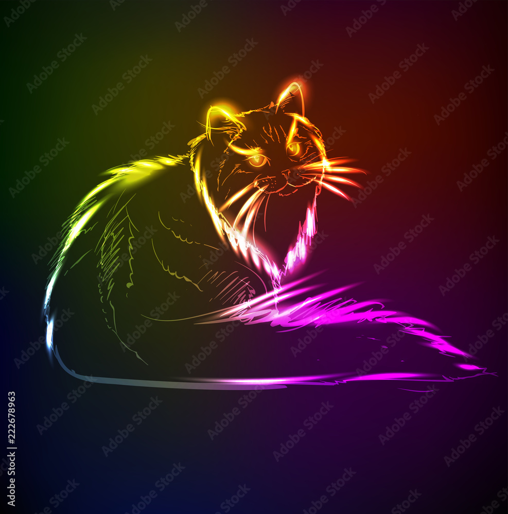 A cute cat in a neon light. Vector illustration.