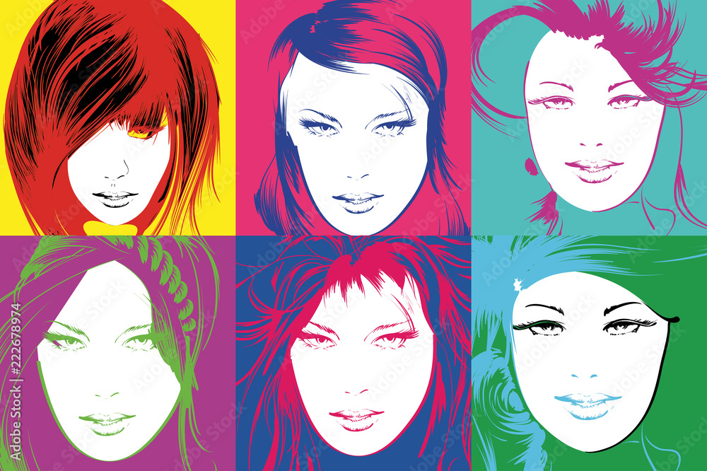 Pop art illustration. Lovely woman faces on a multicolored background. Fashion girls in the pop art style.