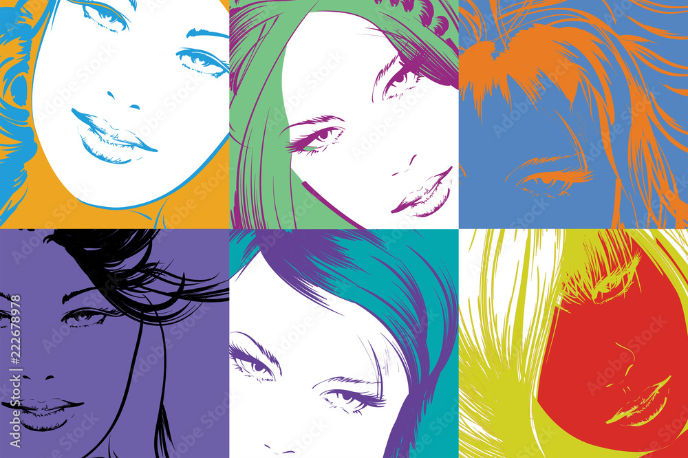 Pop art illustration. Lovely woman faces on a multicolored background. Fashion girls in the pop art style. Pop art illustration. Lovely woman faces on a multicolored background. Fashion girls in the pop art style.
