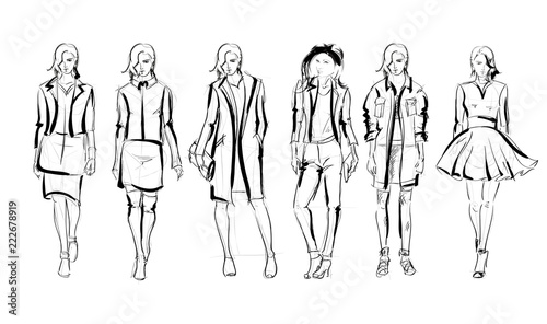 Sketch. Fashion Girls on a white background. Vector illustration.