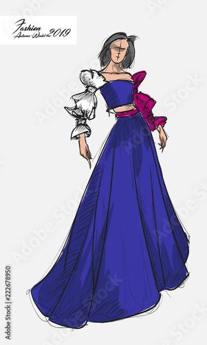Fashion girl Sketch. Stylish fashion model. Pretty young girl.