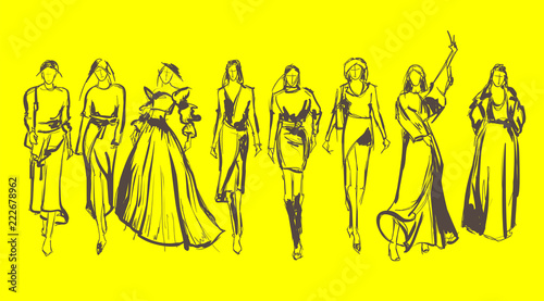 Sketch. Fashion Girls on a yellow background. Vector illustration.