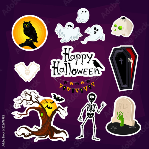 Abstract halloween stickers for girls,boys, children, happy hallowen. Creative halloween badge with coffin, ghost, spook, skeleton, grave, tree. Funny wallpaper for textile and fabric. Fashion badge