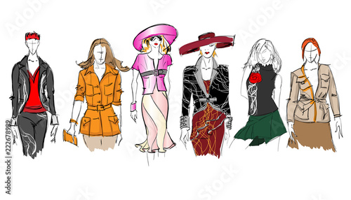 Sketch. Fashion Girls on a white background. Vector illustration.