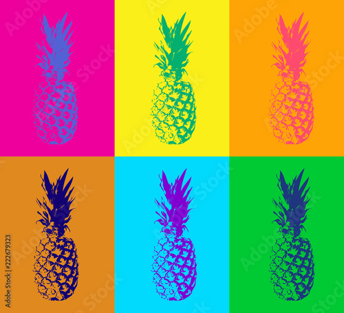Seamless pattern with pineapple. Modern duotone background in pop art style. Color vector illustration