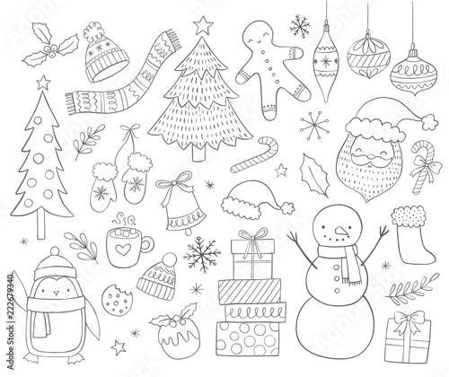 Set of doodle christmas elements. Hand drawn winter vector illustrations and icons. 