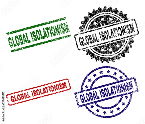 GLOBAL ISOLATIONISM seal prints with damaged style. Black, green,red,blue vector rubber prints of GLOBAL ISOLATIONISM tag with retro style. Rubber seals with circle, rectangle, rosette shapes.