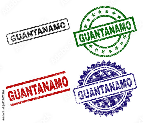 GUANTANAMO seal prints with damaged style. Black, green,red,blue vector rubber prints of GUANTANAMO title with unclean style. Rubber seals with circle, rectangle, rosette shapes.