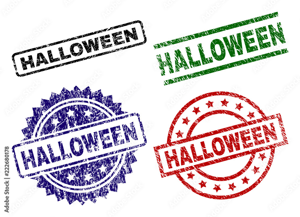 HALLOWEEN seal prints with corroded surface. Black, green,red,blue vector rubber prints of HALLOWEEN text with scratched surface. Rubber seals with circle, rectangle, rosette shapes. HALLOWEEN seal prints with corroded surface. Black, green,red,blue vector rubber prints of HALLOWEEN text with scratched surface. Rubber seals with circle, rectangle, rosette shapes.
