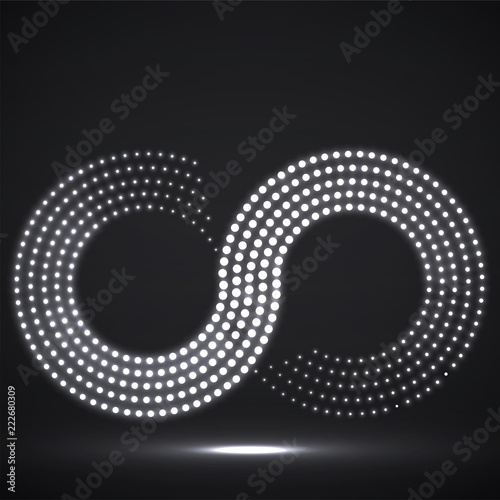 Abstract halftone glowing sign of infinity. Vector logo, design element