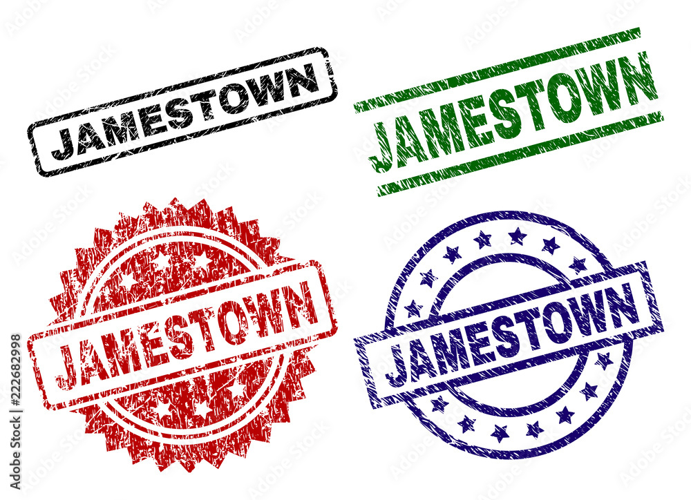 JAMESTOWN seal prints with distress surface. Black, green,red,blue vector rubber prints of JAMESTOWN text with scratched surface. Rubber seals with round, rectangle, medal shapes. JAMESTOWN seal prints with distress surface. Black, green,red,blue vector rubber prints of JAMESTOWN text with scratched surface. Rubber seals with round, rectangle, medal shapes.