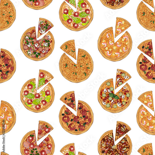Pattern of vector illustrations on the pizza theme; several kinds of pizzas, cooked according to different recipes. 