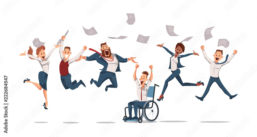 Happy Office Workers Jumping. Vector Illustration.