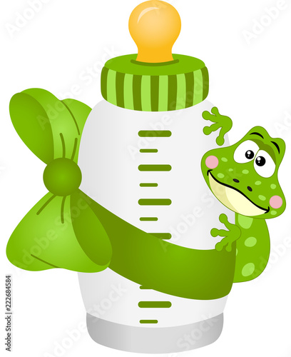 Cute frog with baby milk bottle
